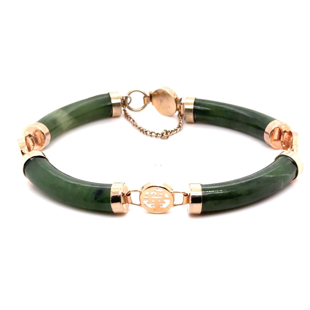 Vintage Green Jade Shou Longevity Link Bracelet Gold Tone Chinese Symbol 7 Inch